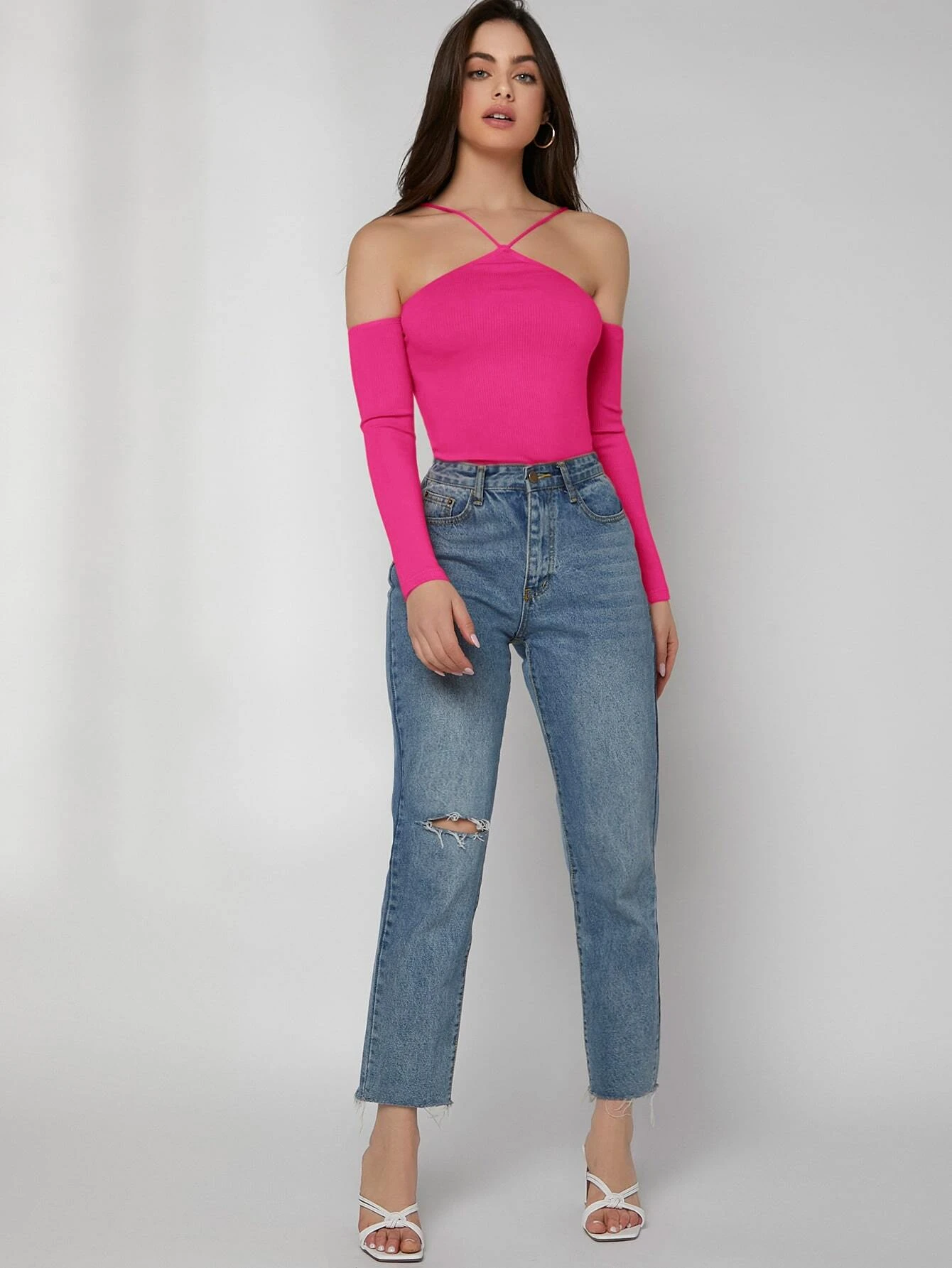 SHEIN Halterneck Cold Shoulder Tee