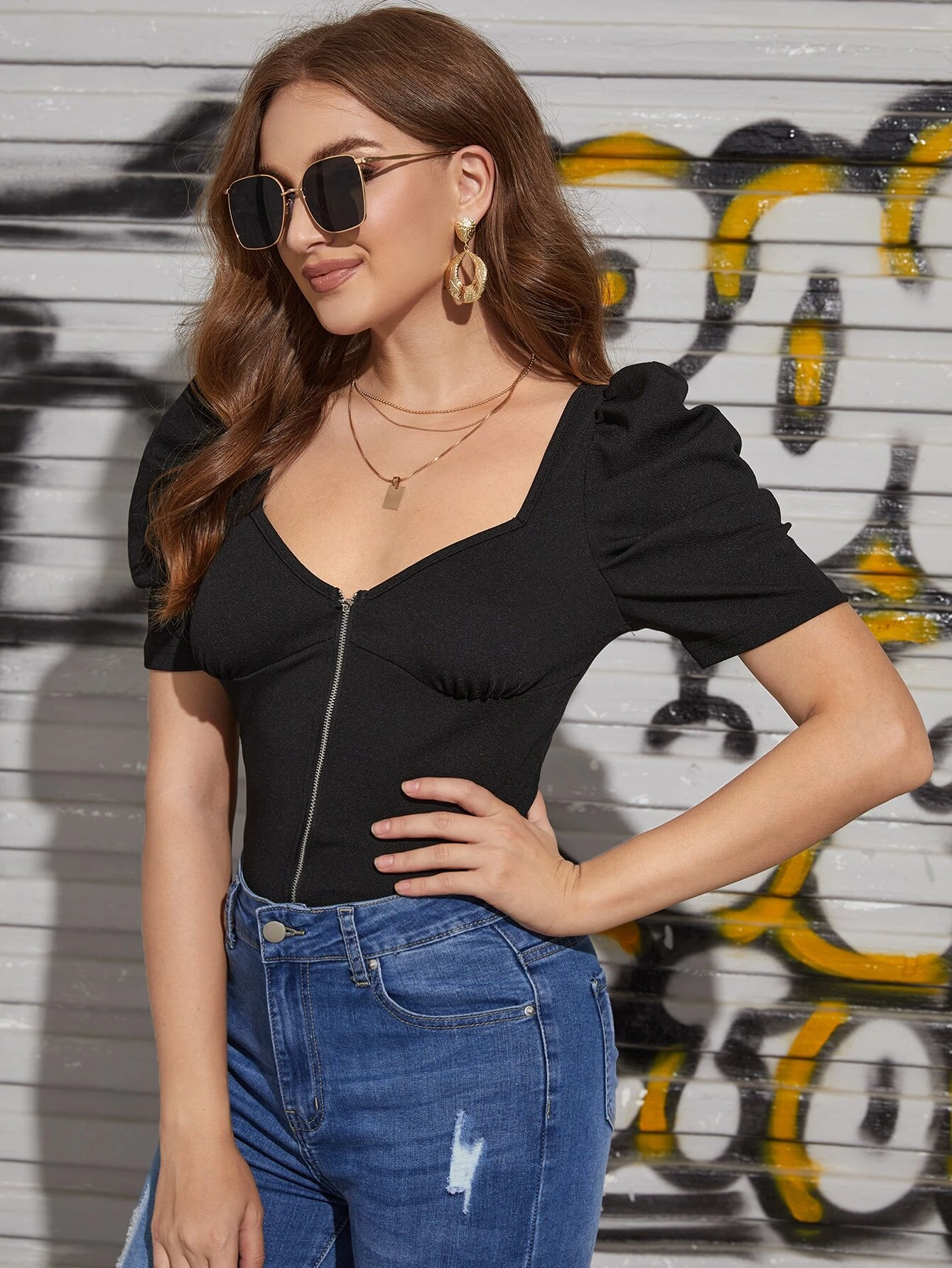 SHEIN Sweetheart Zip Front Gigot Sleeve Blouse