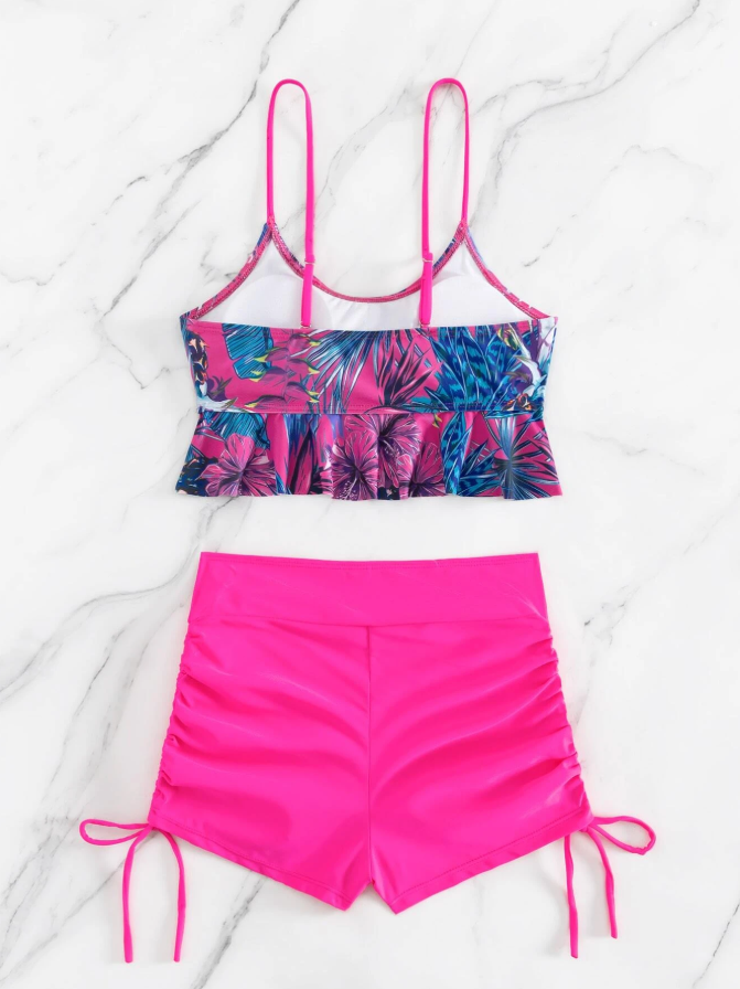 Shein hot pink 2 piece tankini for women with removable padding back view
