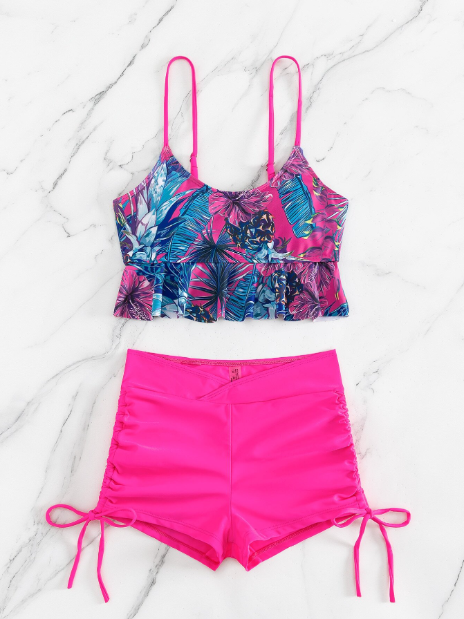 Shein hot pink 2 piece tankini for women with removable padding front view