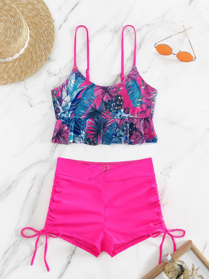 Shein hot pink 2 piece tankini for women with removable padding product view