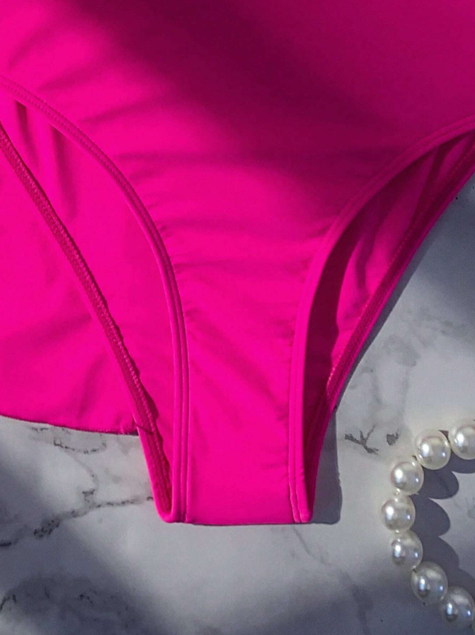 Shein hot pink 3 piece bikini set for women with removable padding and cover up bottom view