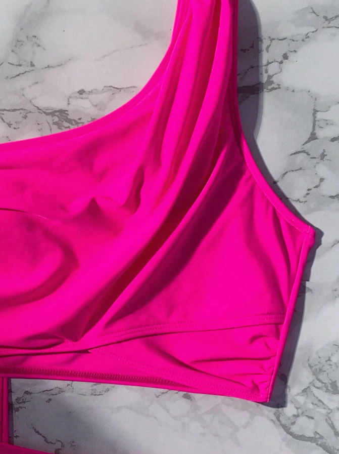 Shein hot pink 3 piece bikini set for women with removable padding and cover up top view