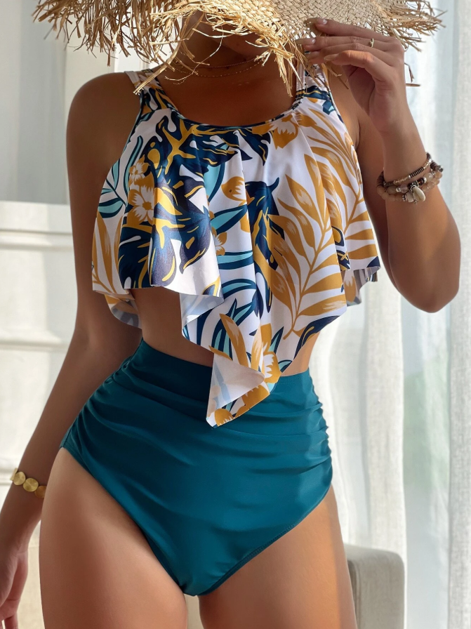 Shein multicolor 2 piece tankini for women with removable padding and high waist front view