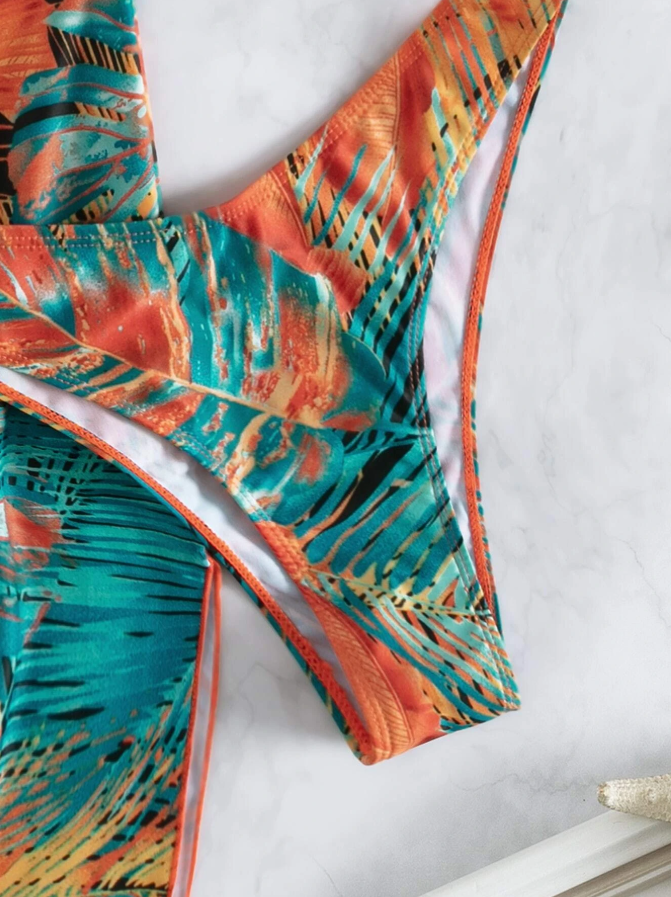 Shein multicolor 3 piece bikini set for women with removable padding and cover up close up view