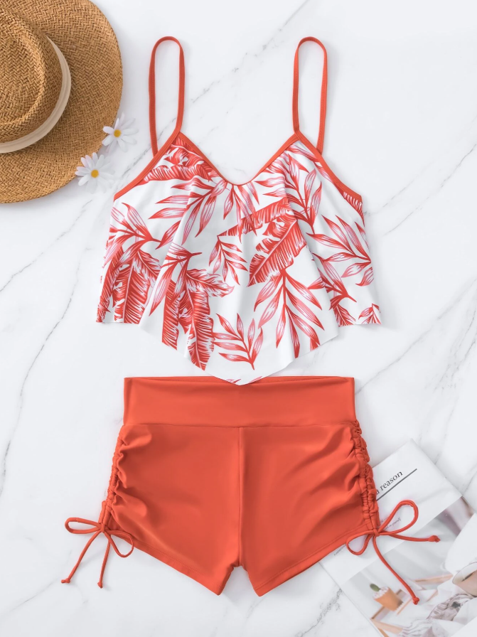 Shein orange 2 piece tankini for women with removable padding and high waist product front view
