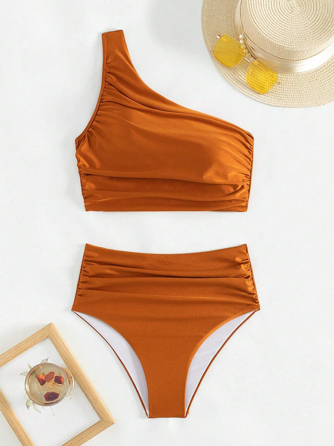 Shein orange 2 piece tankini for women with removable padding and high waist front view