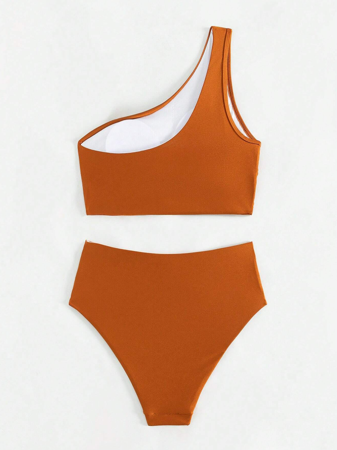 Shein orange 2 piece tankini for women with removable padding and high waist back view