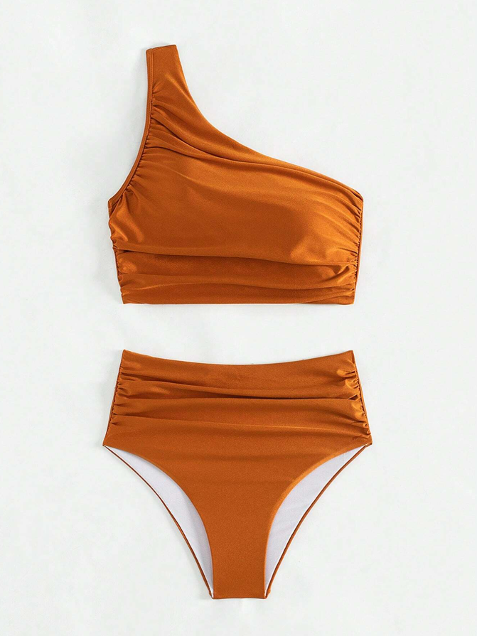 Shein orange 2 piece tankini for women with removable padding and high waist product front view