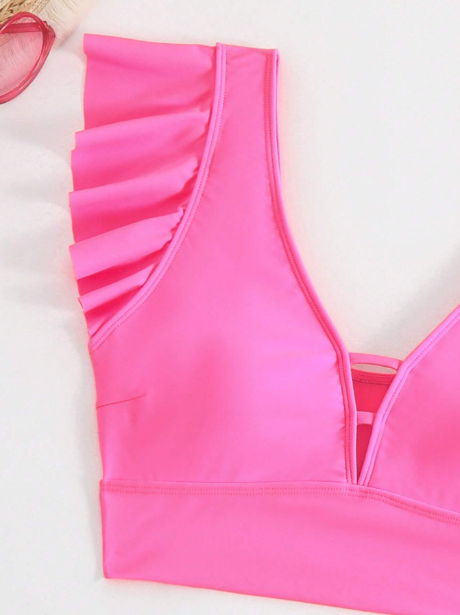 Shein pink 3 piece bikini set for women with push up and cover up top view