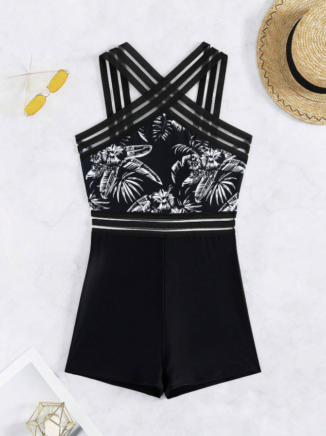 Shein black 1 piece swimsuit for women with removable padding product front view