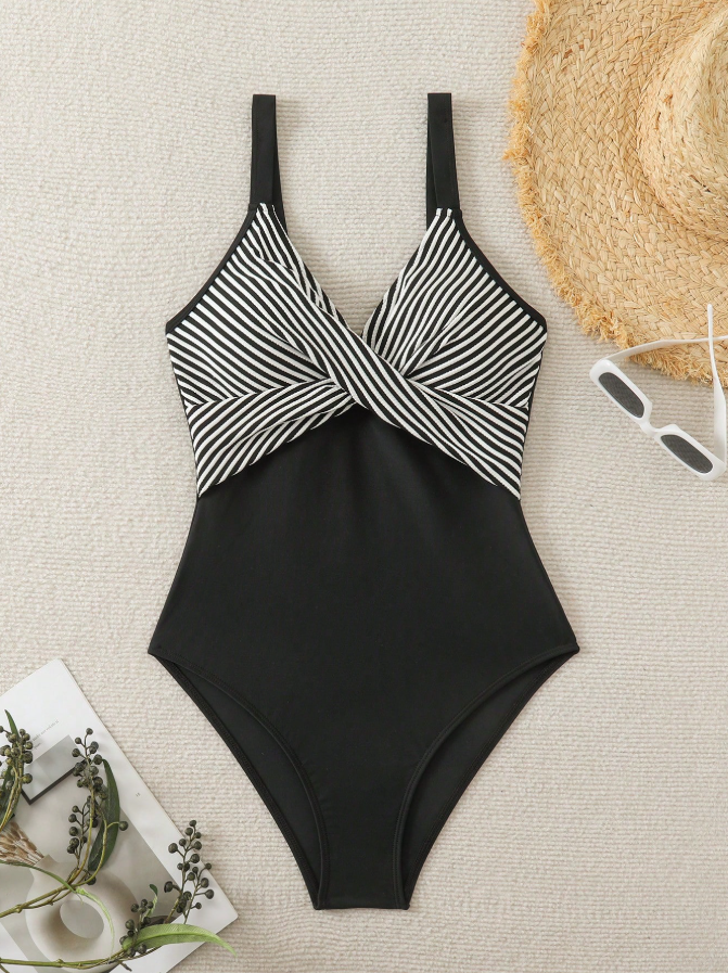 Shein black white 1 piece swimsuit for women with removable padding product front view