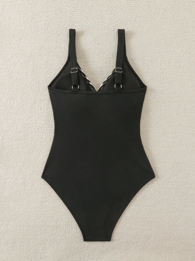 Shein black white 1 piece swimsuit for women with removable padding back view