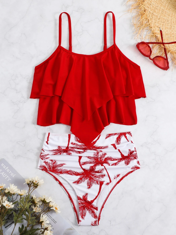 Shein red white 2 piece tankini for women with removable padding and high waist product front view