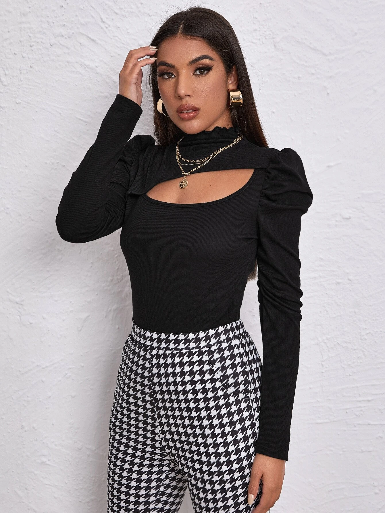 SHEIN Asymmetrical Neck Leg-of-mutton Sleeve Slim Tee