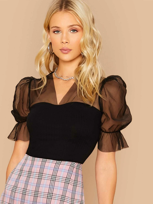SHEIN V-neck Mesh Yoke Trim Fitted Top