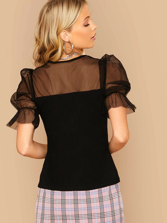 SHEIN V-neck Mesh Yoke Trim Fitted Top