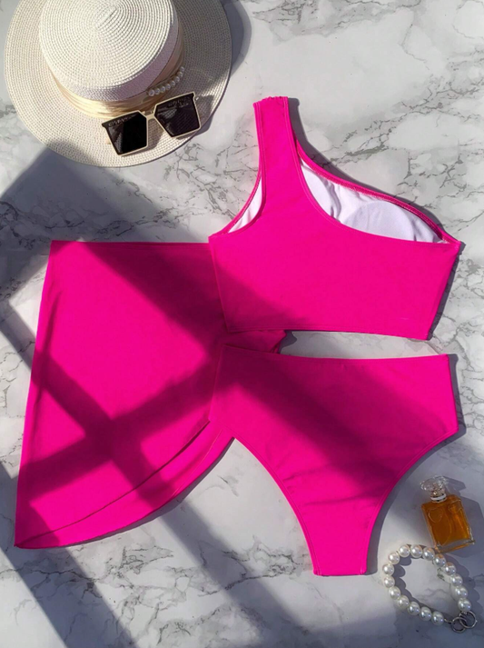 Shein hot pink 3 piece bikini set for women with removable padding and cover up back view