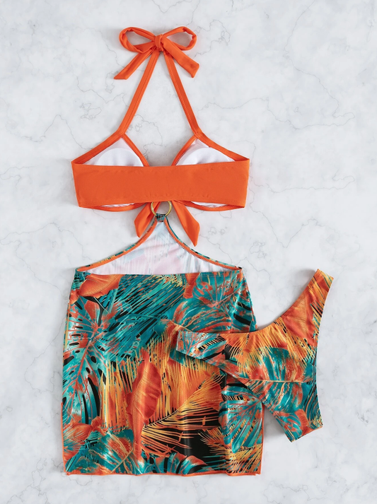 Shein multicolor 3 piece bikini set for women with removable padding and cover up back view