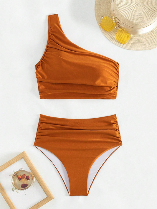 Shein orange 2 piece tankini for women with removable padding and high waist front view