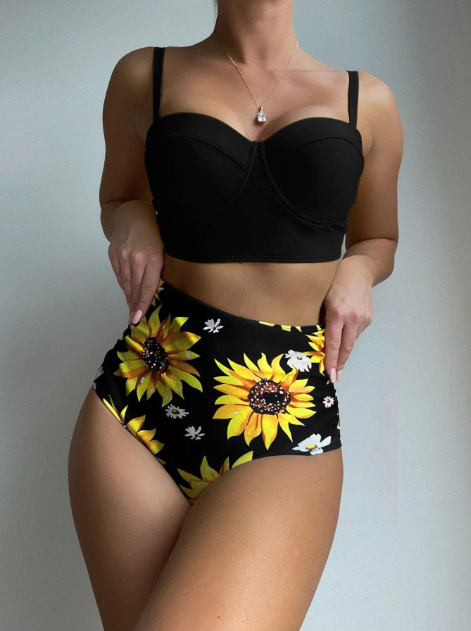 Shein black 2 piece bikini set for women with push up and high waist front view3