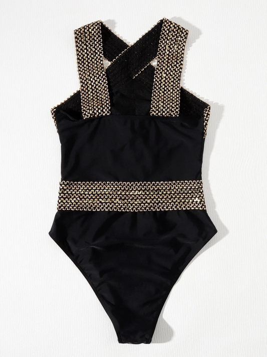 Shein black 1 piece swimsuit for women with removable padding back view
