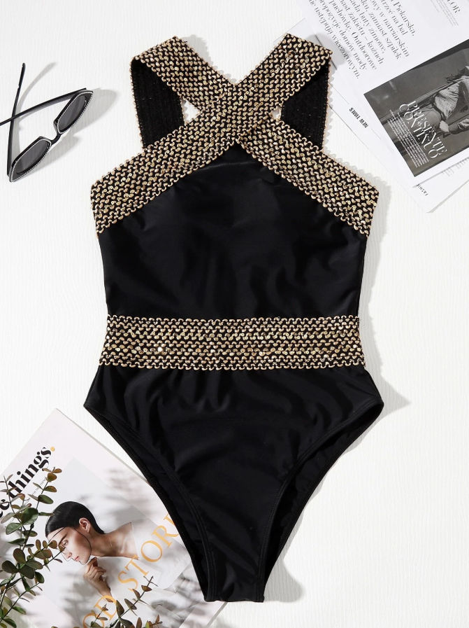 Shein black 1 piece swimsuit for women with removable padding product front view