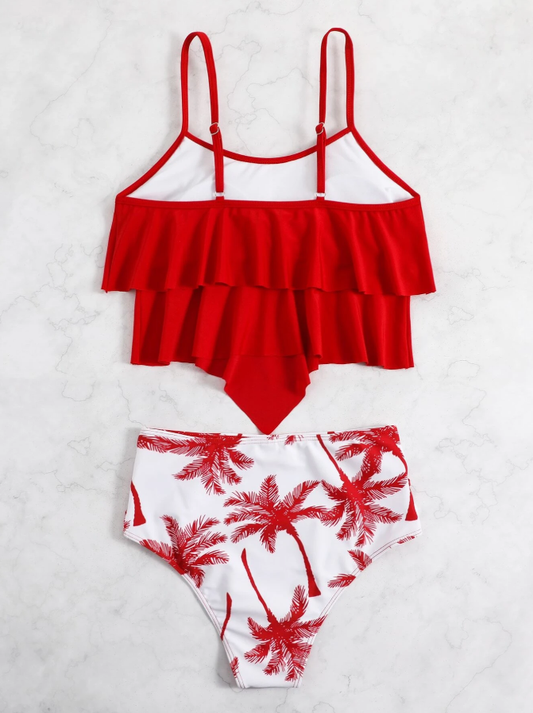 Shein red white 2 piece tankini for women with removable padding and high waist back view