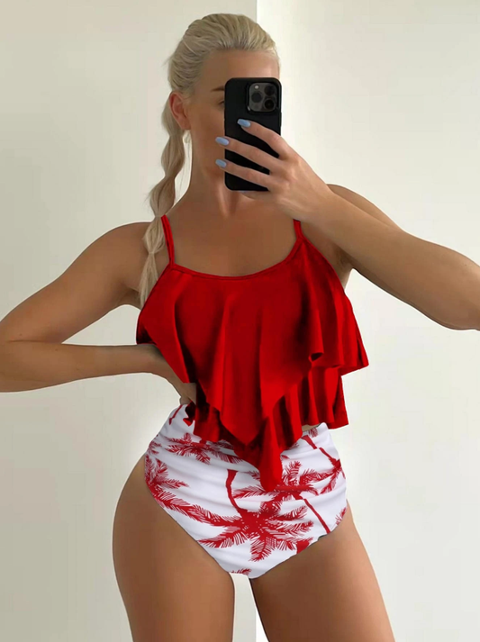 Shein red white 2 piece tankini for women with removable padding and high waist front view