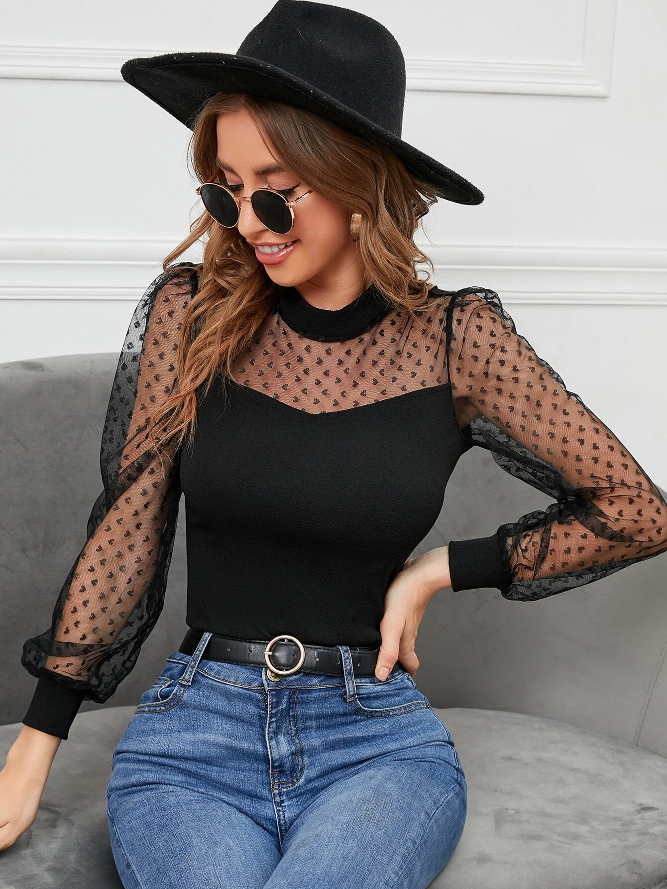Mock Neck Contrast Mesh Top