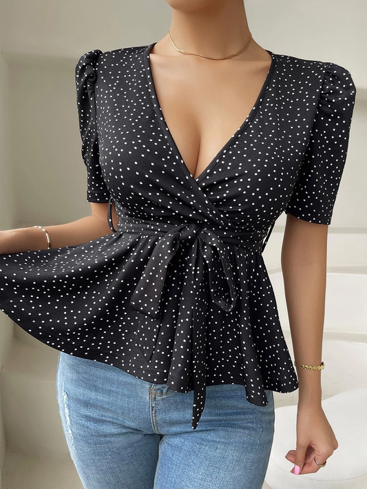 Puff Sleeve Surplice Neck Belted Peplum Tee