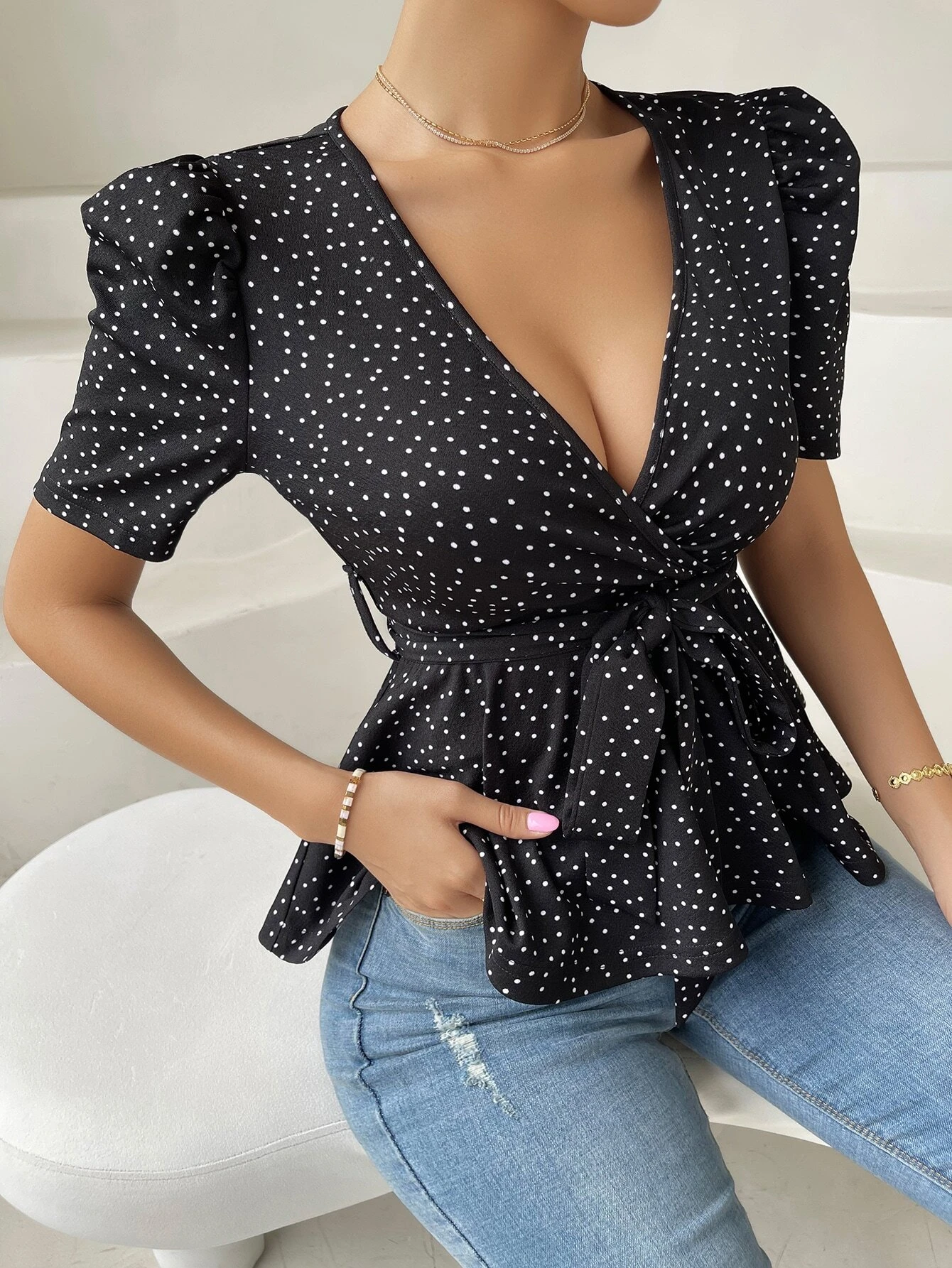 Puff Sleeve Surplice Neck Belted Peplum Tee