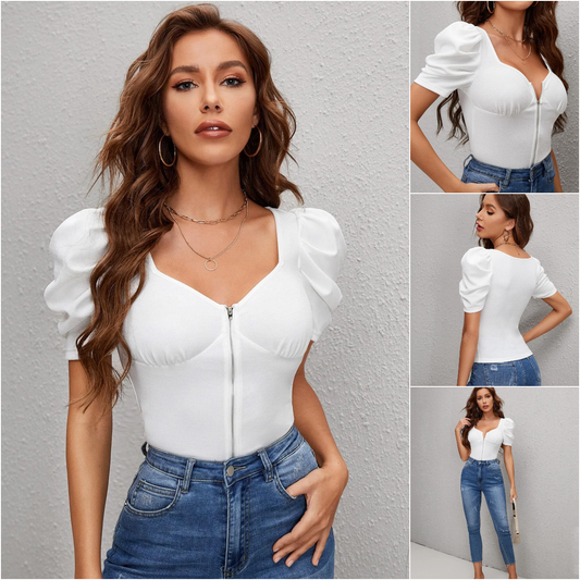 SHEIN Sweetheart Zip Front Gigot Sleeve Blouse