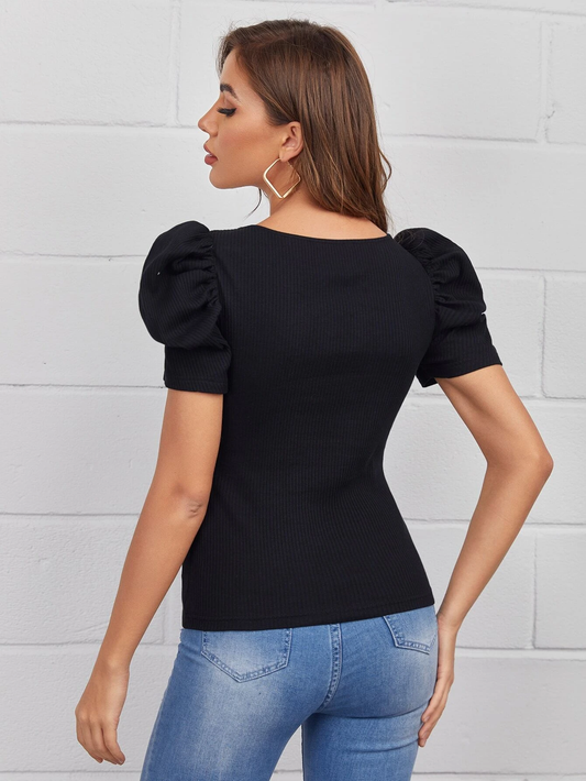 SHEIN Sweetheart Neck Puff Sleeve Rib-knit Tee