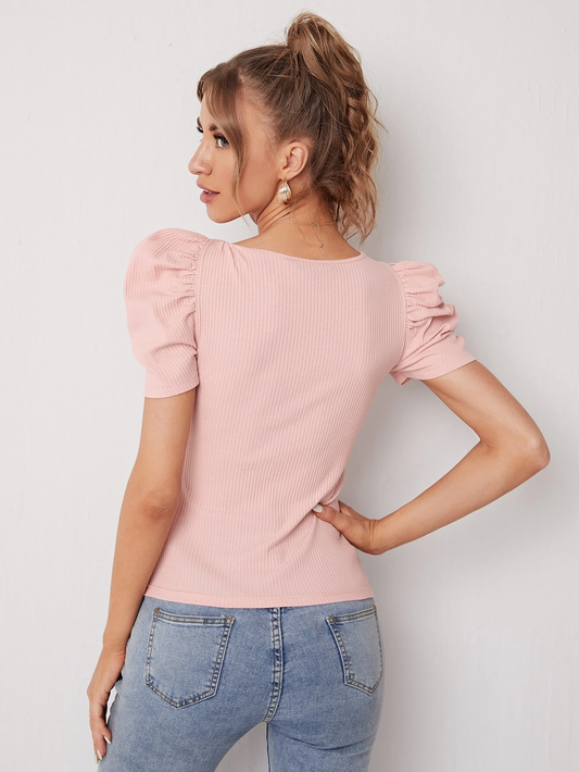SHEIN Sweetheart Neck Puff Sleeve Rib-knit Tee