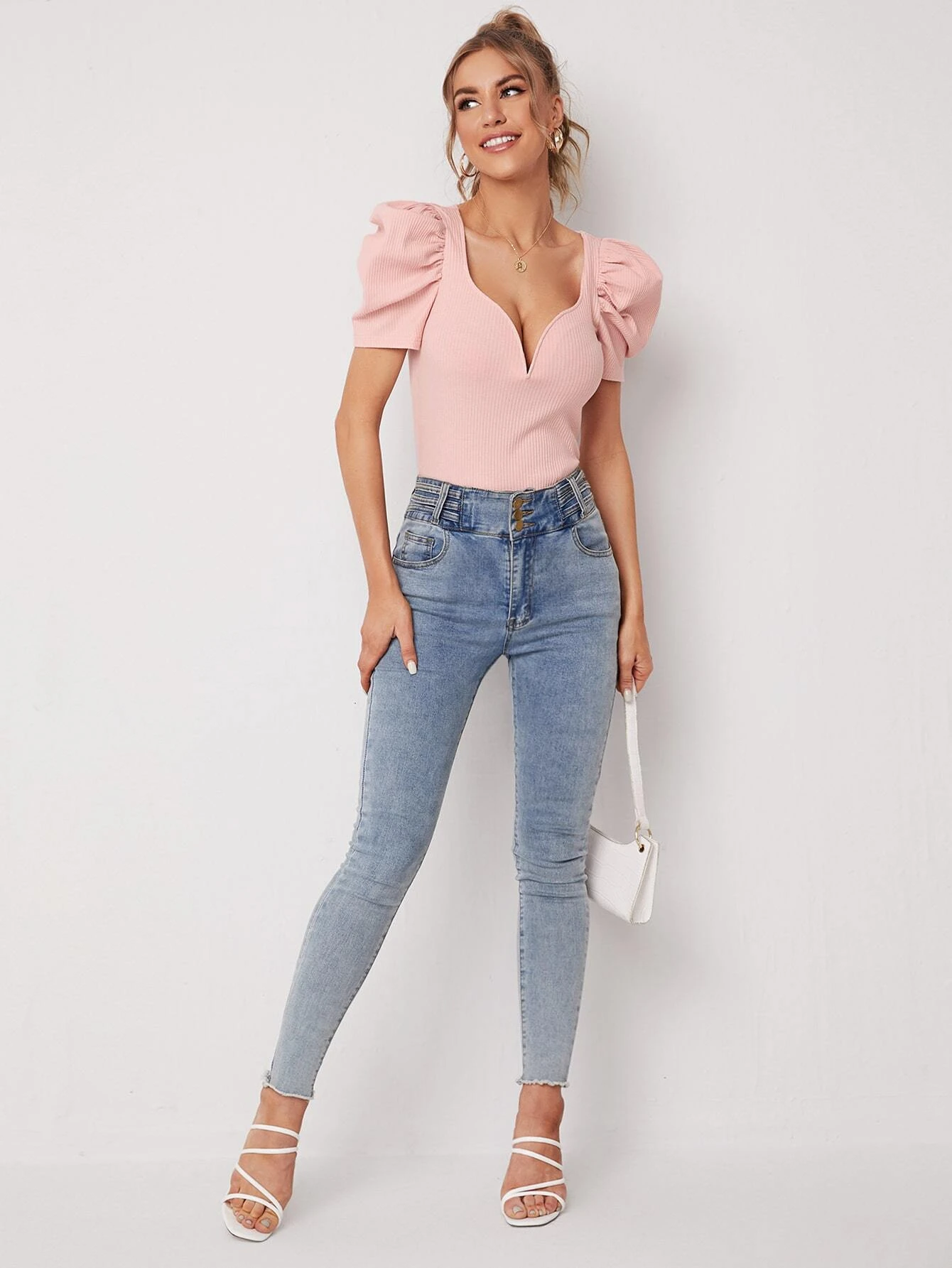 SHEIN Sweetheart Neck Puff Sleeve Rib-knit Tee